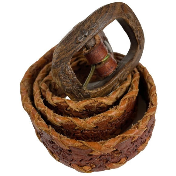Unique Wooden Buckled Hand-carved Hand-Tooled Genuine Leather Western Braid Belt - Picture 7 of 13